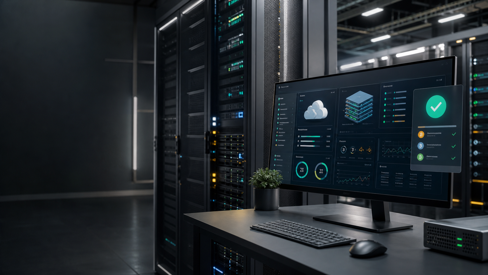 Cloud server operations desk with infrastructure dashboard